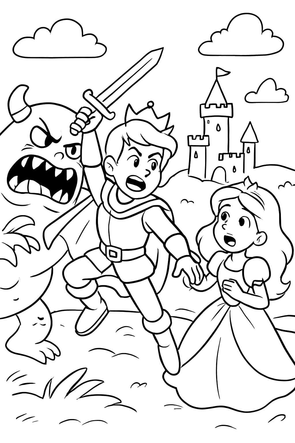 Un príncipe salvando a una princesa de un monstruo.