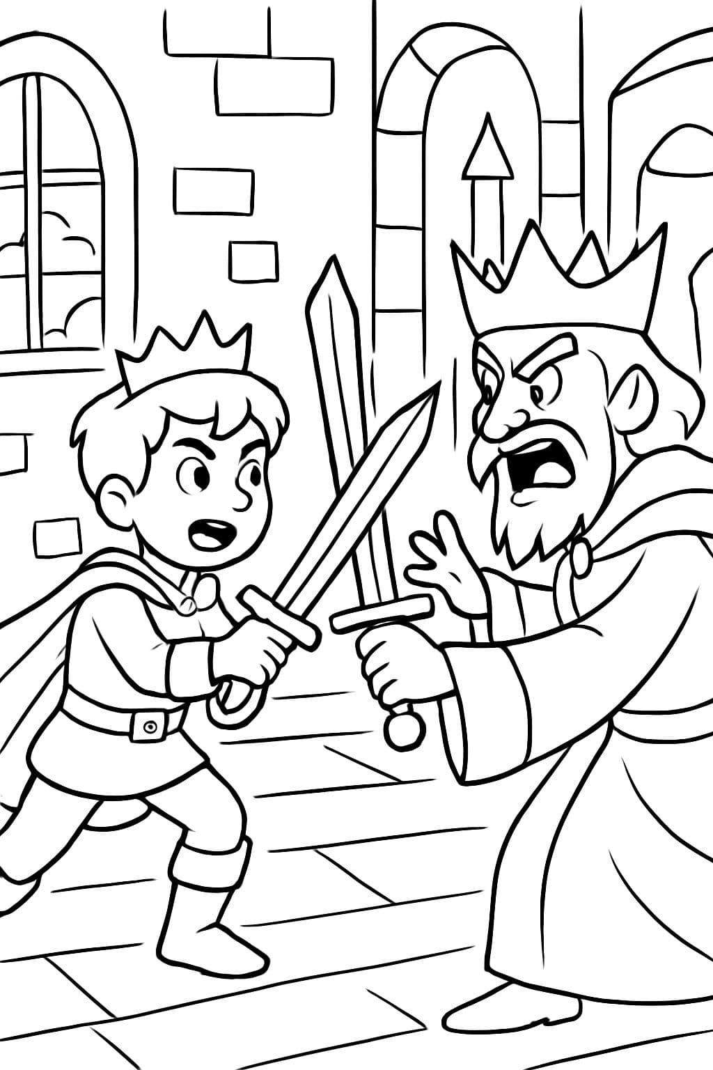 Un príncipe pelea con una espada contra un rey malvado dentro de un castillo.