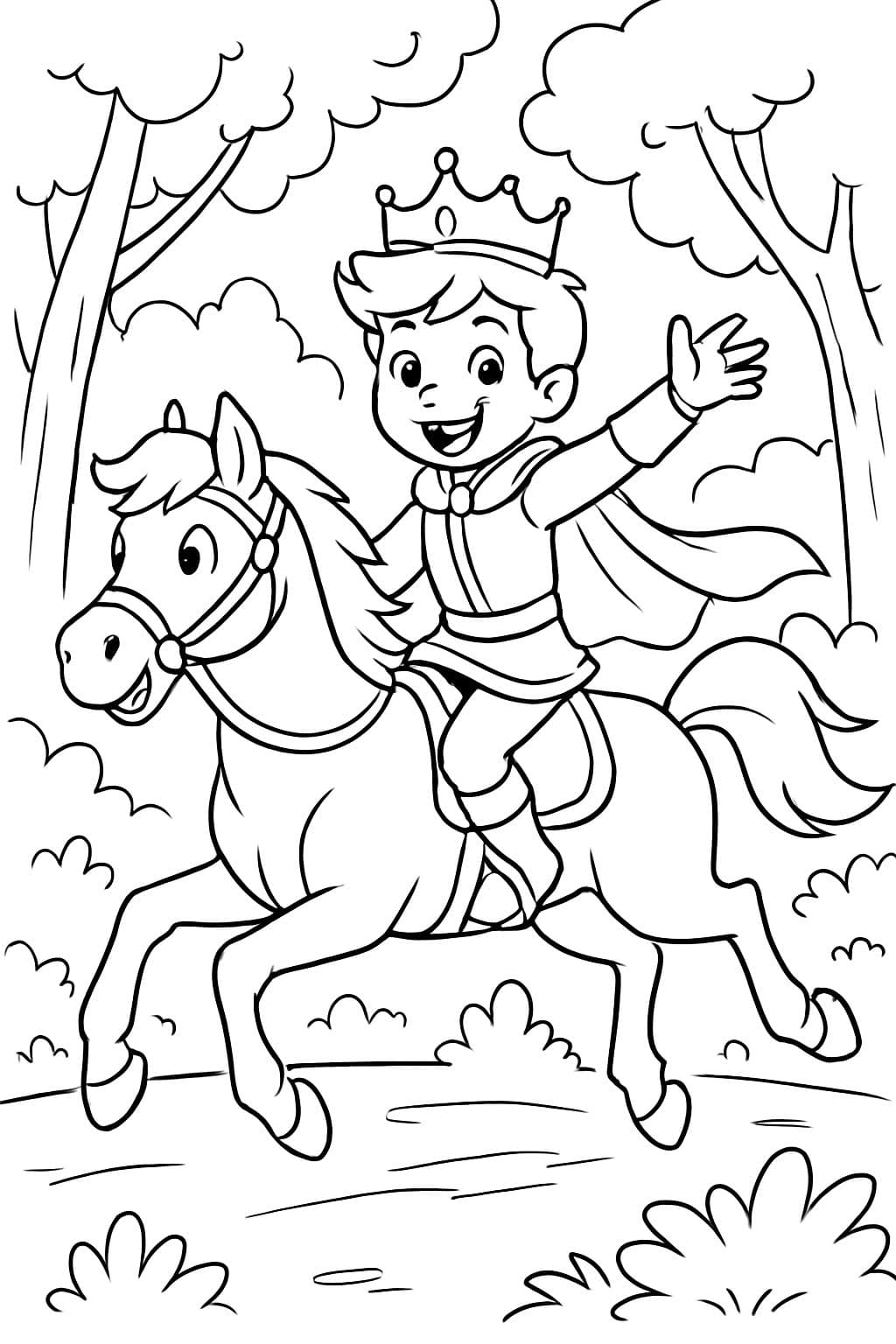 un príncipe montando a caballo a través del bosque