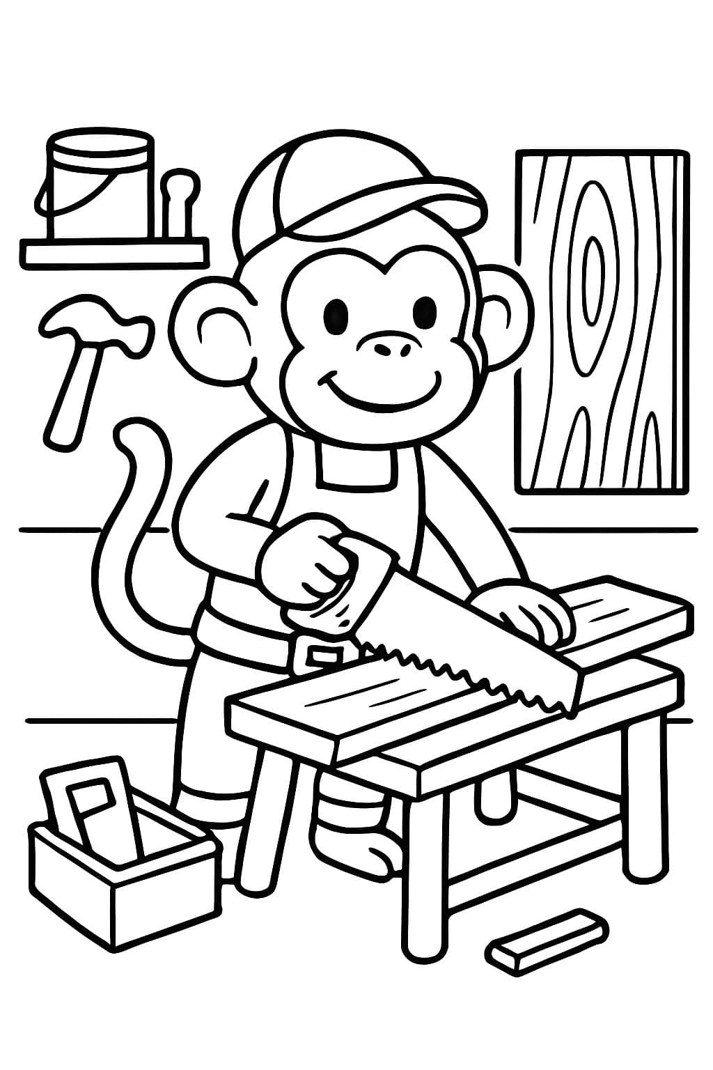 Un carpintero trabajando en su taller. El carpintero es un mono antropomórfico.