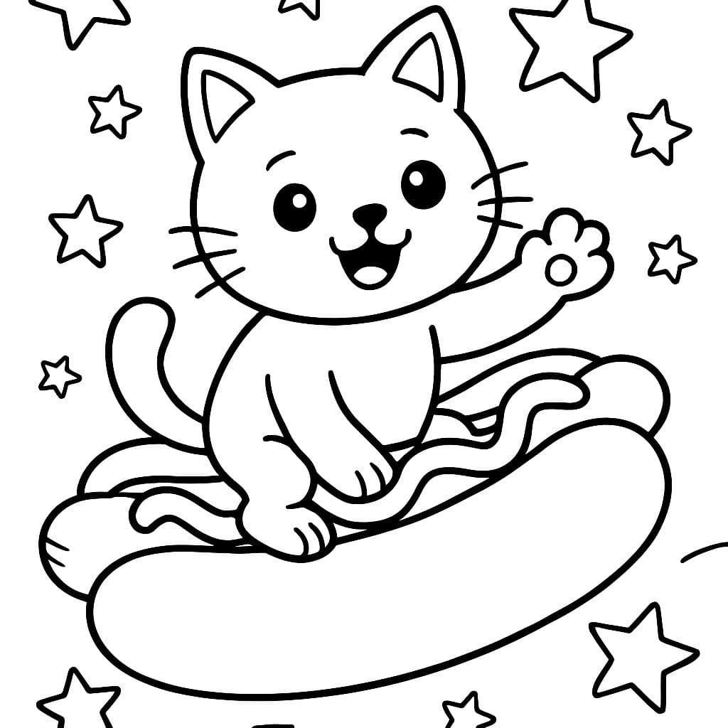 Chat montant sur un hot dog avec des étoiles en arrière-plan