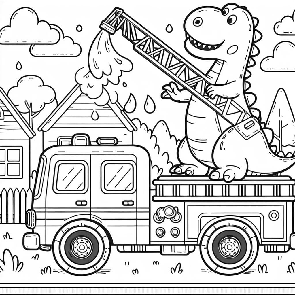 einen Dinosaurier, der ins Feuerwehrauto einsteigt