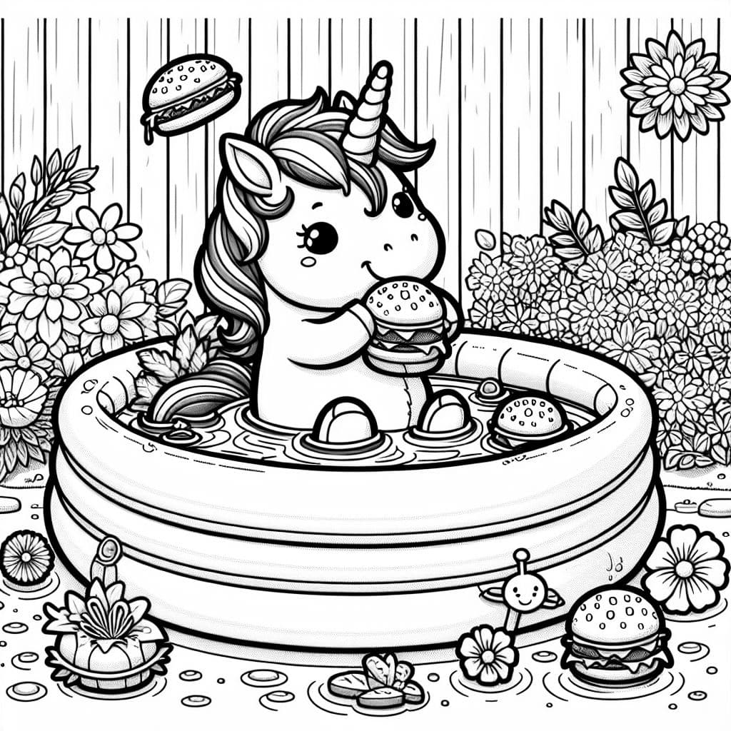 unicorn eating cheeseburgers in a kiddie pool with flowers on and around it
