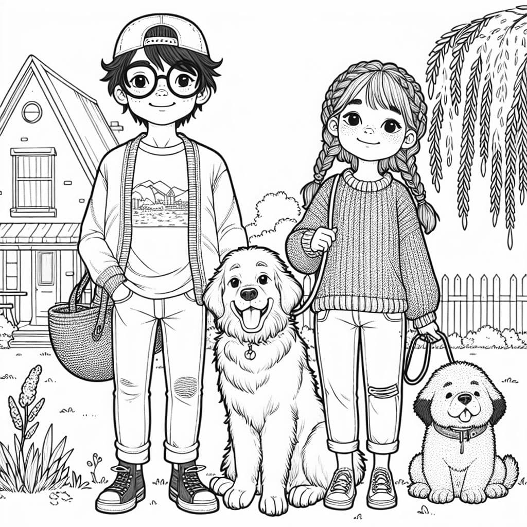 Un hombre con cabello marrón esponjoso, una gorra en la cabeza y gafas cuadradas en la cara. Lleva una camiseta de Ohio State y jeans. Una mujer con cabello rojo marrón trenzado de lado, vestida con un suéter, jeans y sandalias. Un gran golden retriever esponjoso y un cachorro de cane corso. De pie afuera bajo un sauce llorón, frente a una pequeña casa.