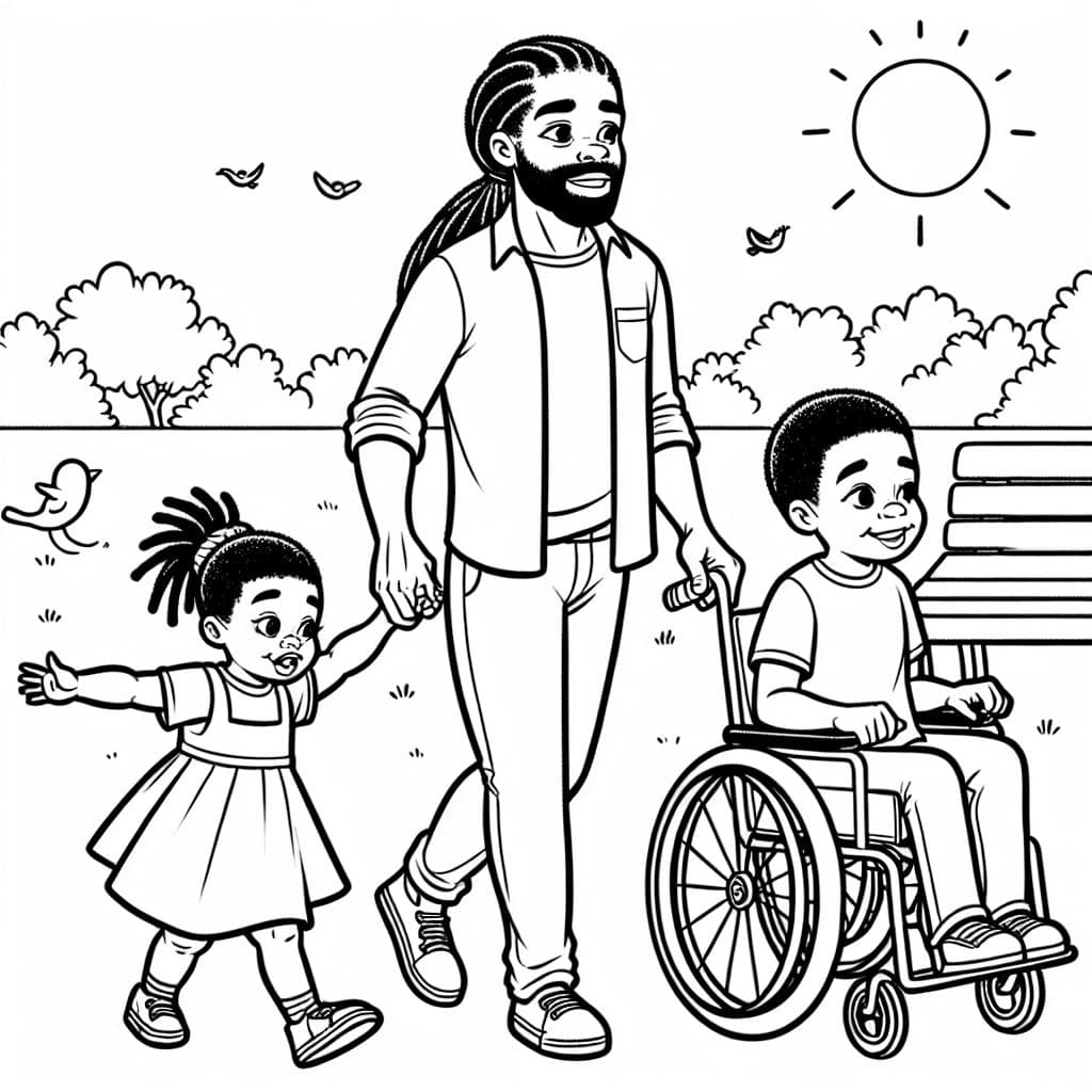 Black father with dreadlocks, no facial hair, walking holding black daughters hand with son in wheelchair