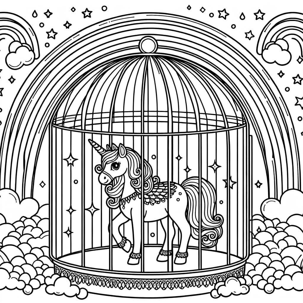 unicorn in a crystal cage with rainbow background