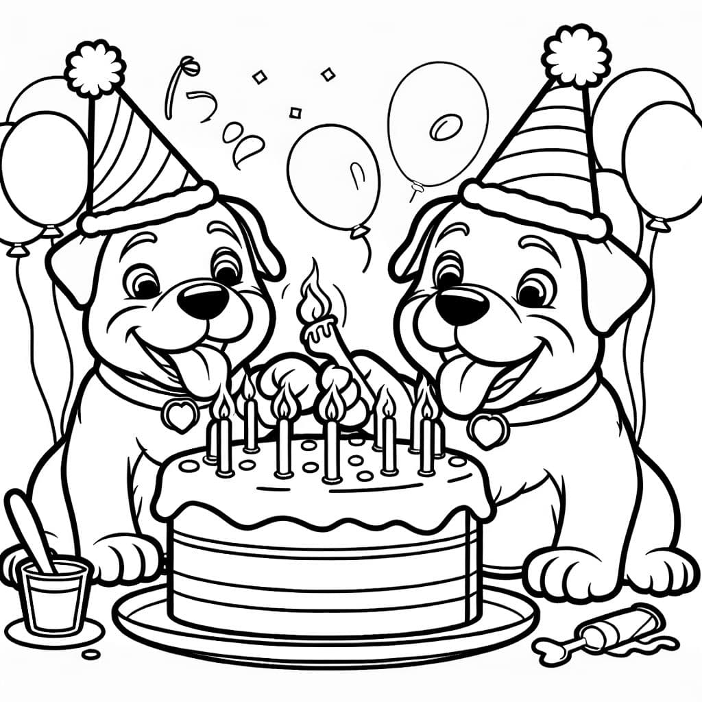 2 rottweilers con sombreros de cumpleaños comiendo pastel