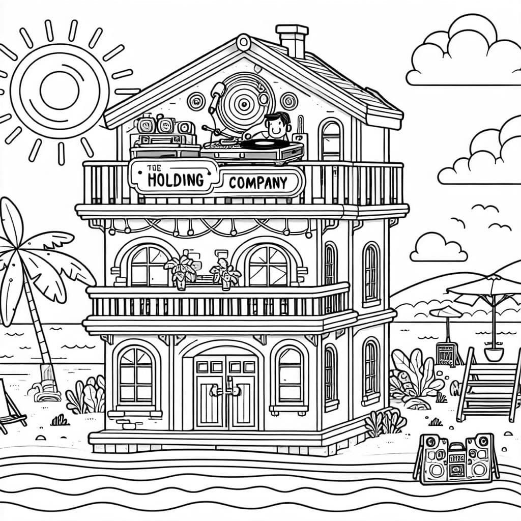 un edificio de 3 pisos llamado "The Holding Company" en la playa con un DJ en la parte superior del edificio