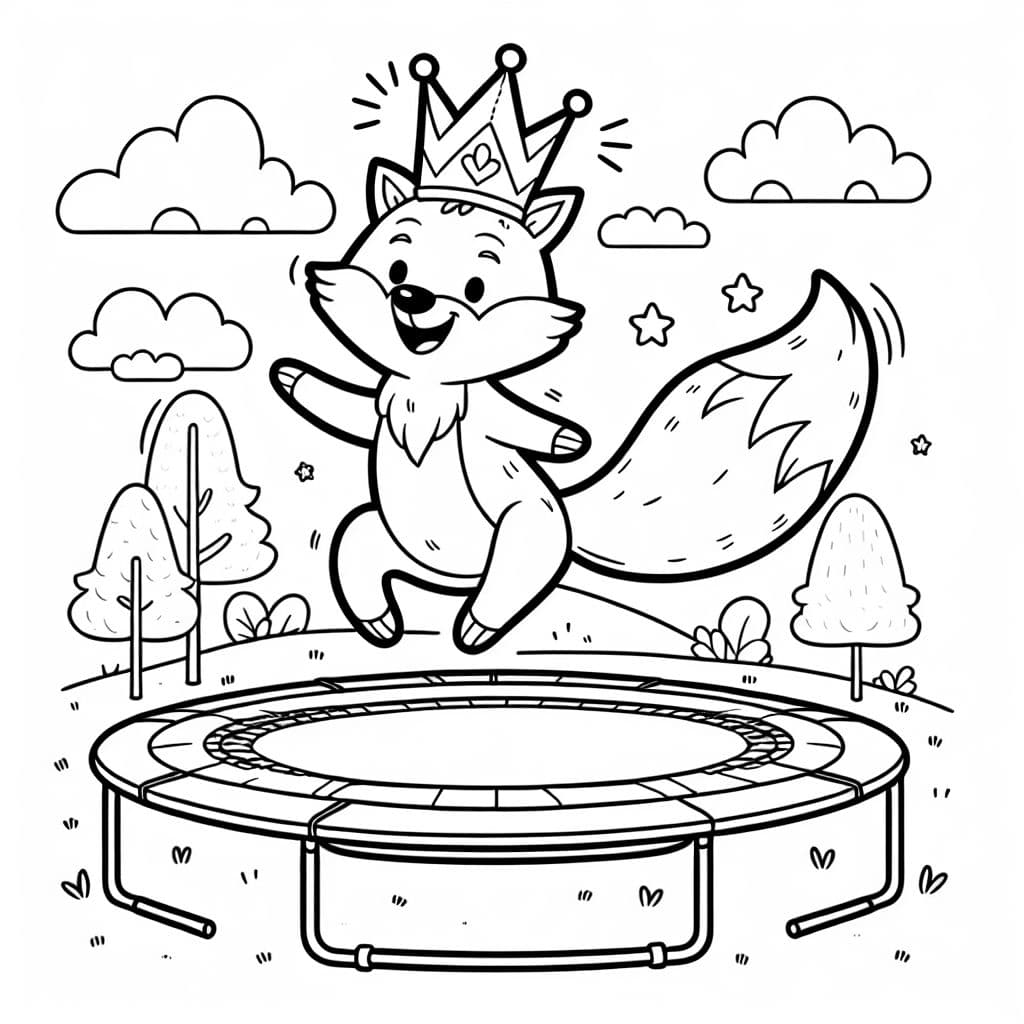 Fuchs mit Geburtstagskrone auf dem Trampolin