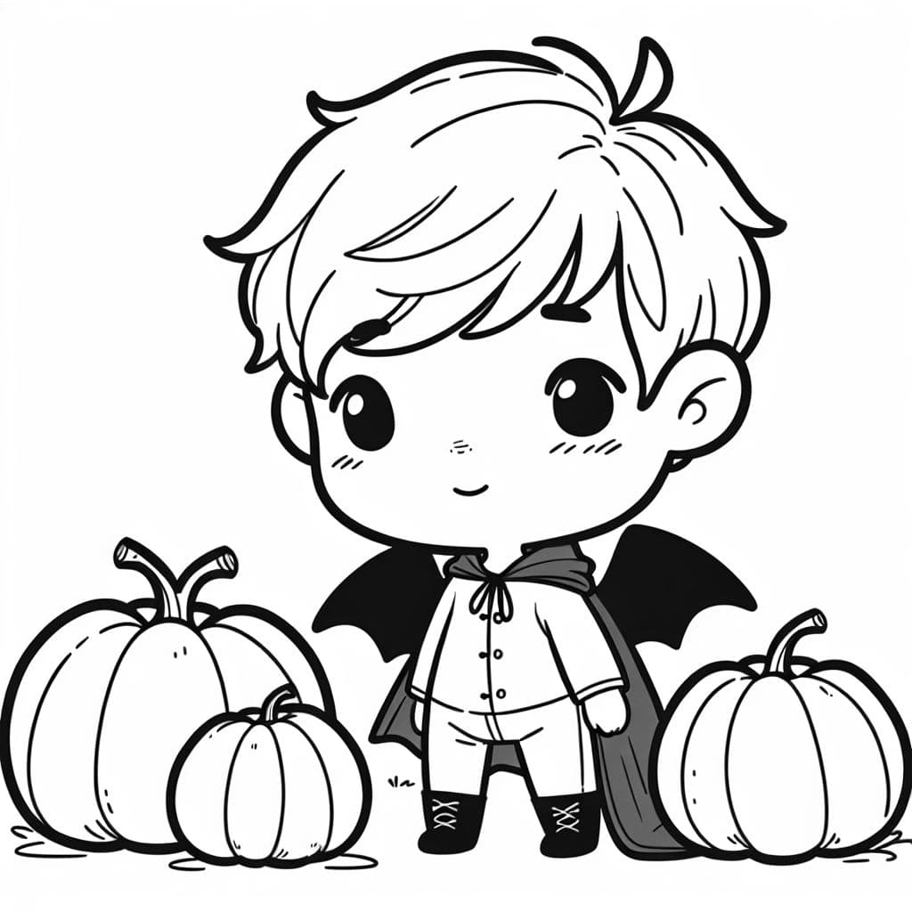 young blonde boy dressed as a bat with pumpkins