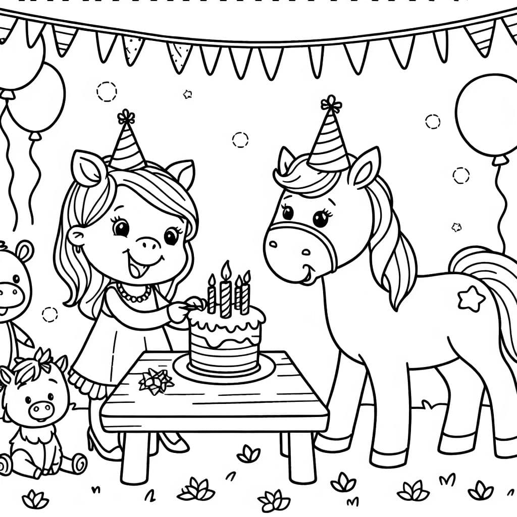 horse having a birthday party with her animal friends