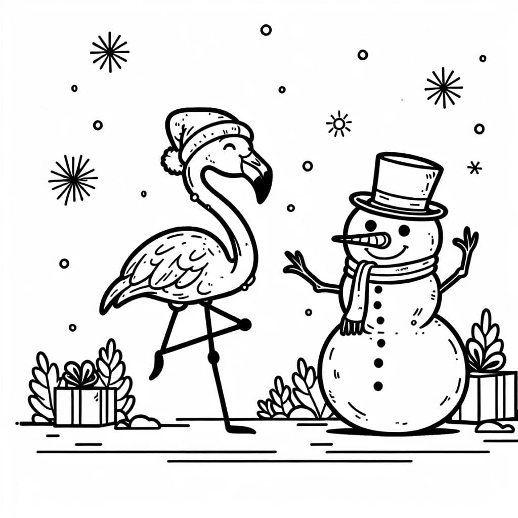 flamingo dancing next to snowman on christmas