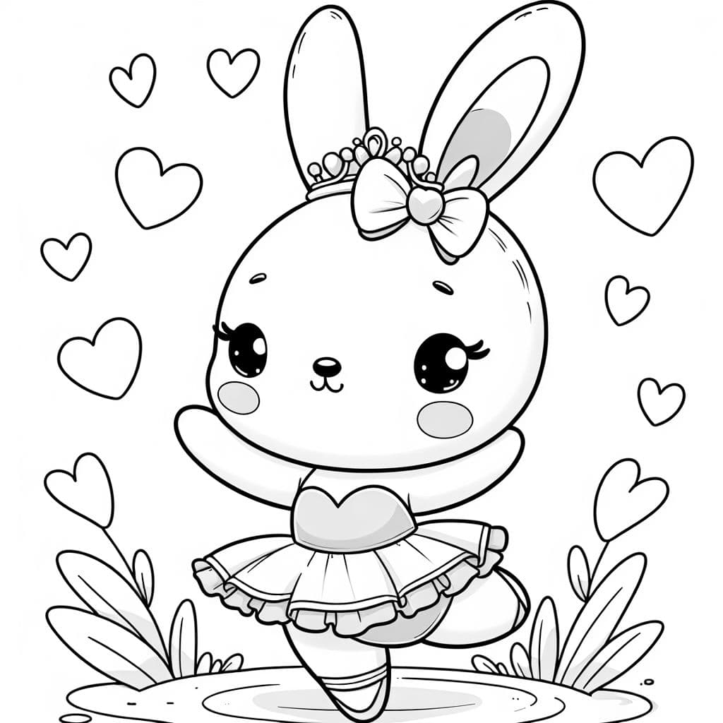 A bunny with a bow and a crown is dancing ballet. There are hearts in the background.