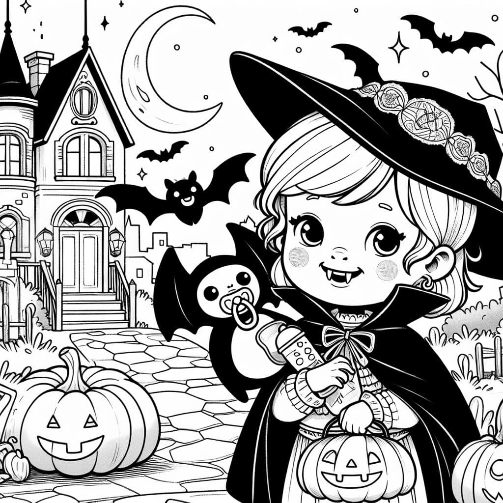 A girl vampire with a cute bat on her shoulders. The bat has a pacifier in its mouth. It’s Halloween in the background.