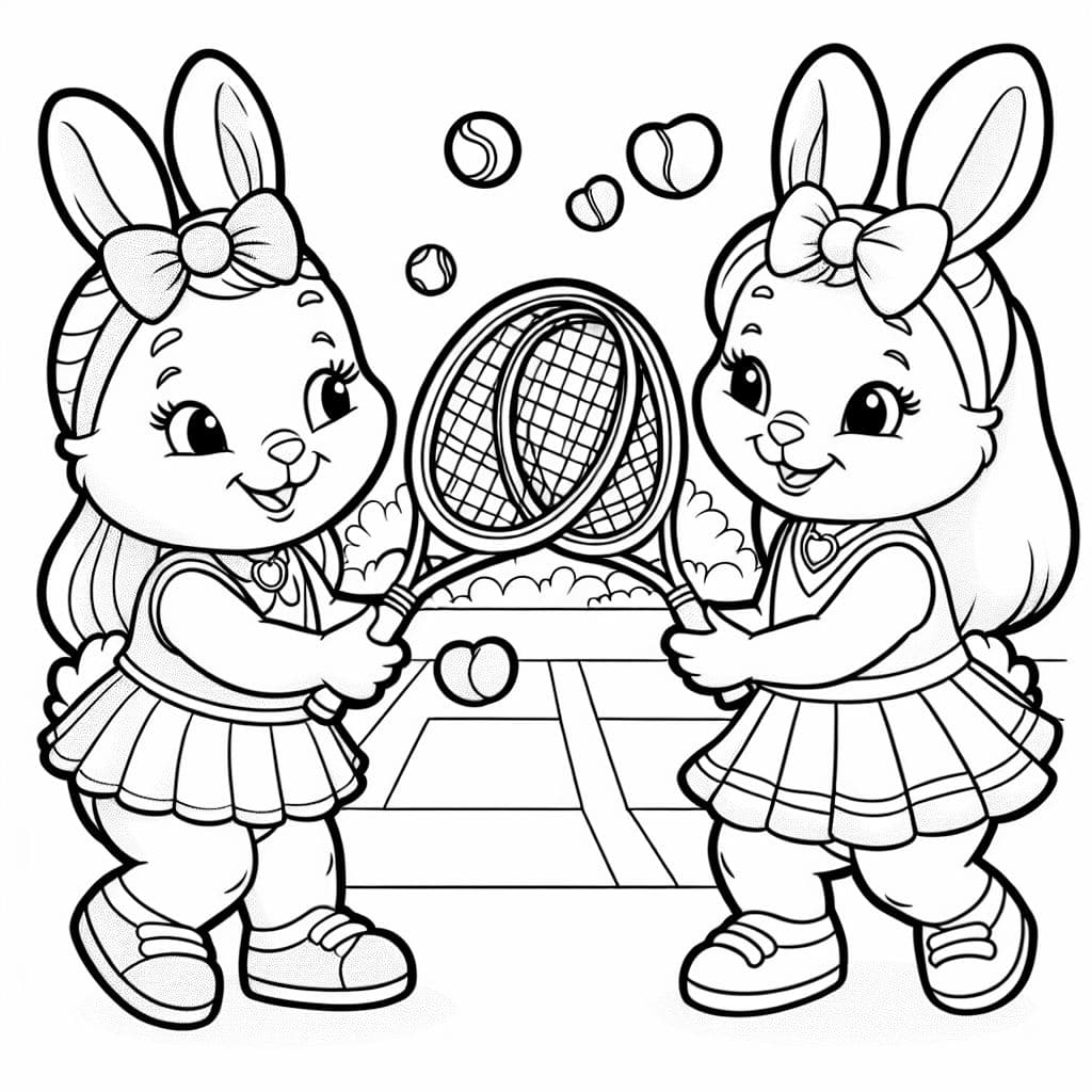 Two girl bunnies playing tennis. They have bows in their hair.
