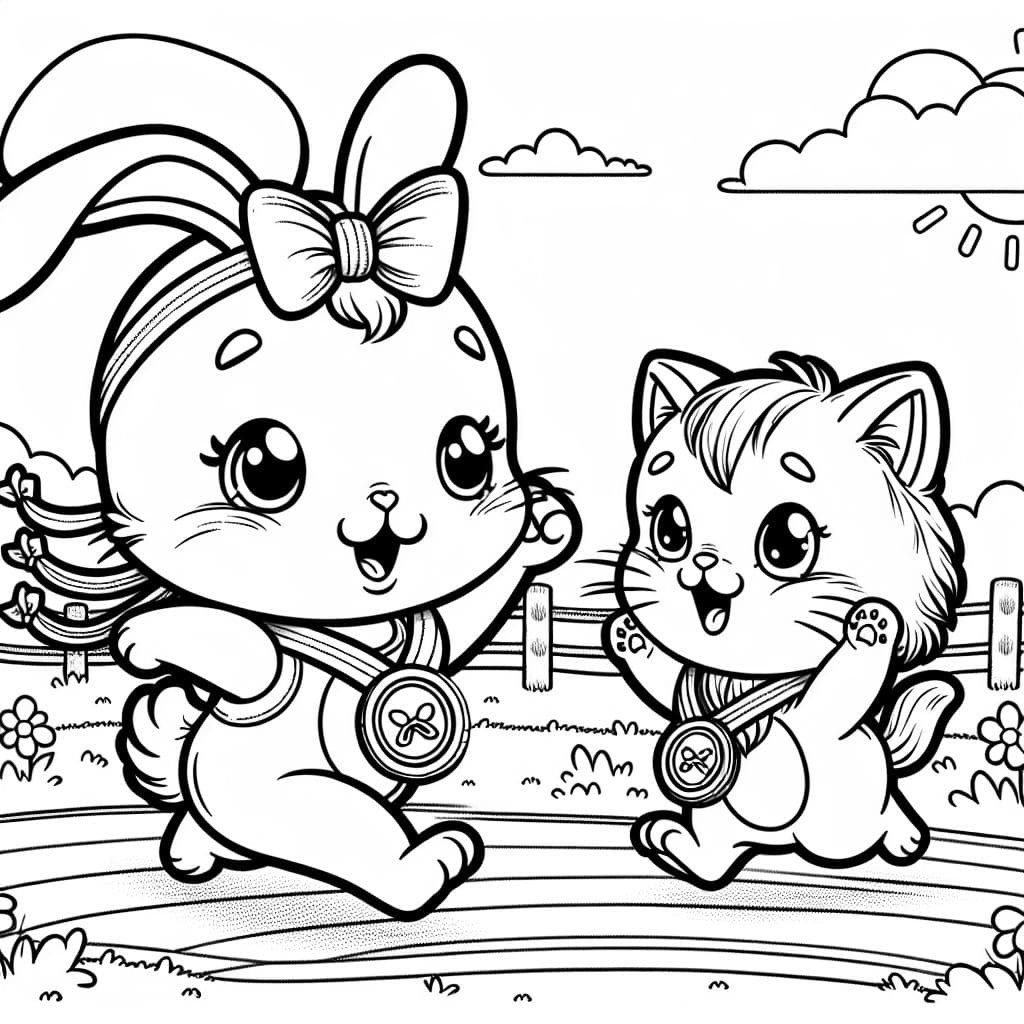 A kitten and a bunny are wearing bows on their head. They are running a race and wearing medals. It is a sunny day.