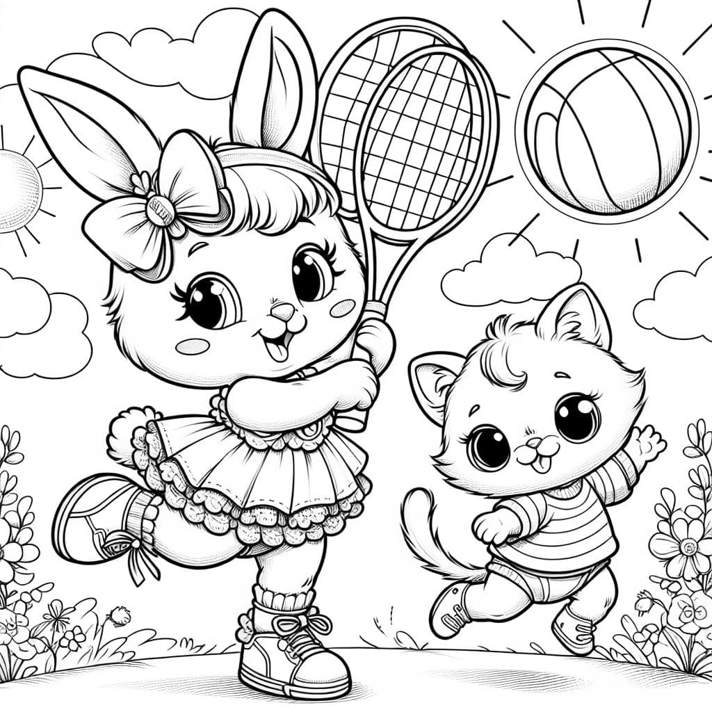 A bunny with a bow wearing a dress who is playing tennis. Her friend is a small baby cat who is playing football.