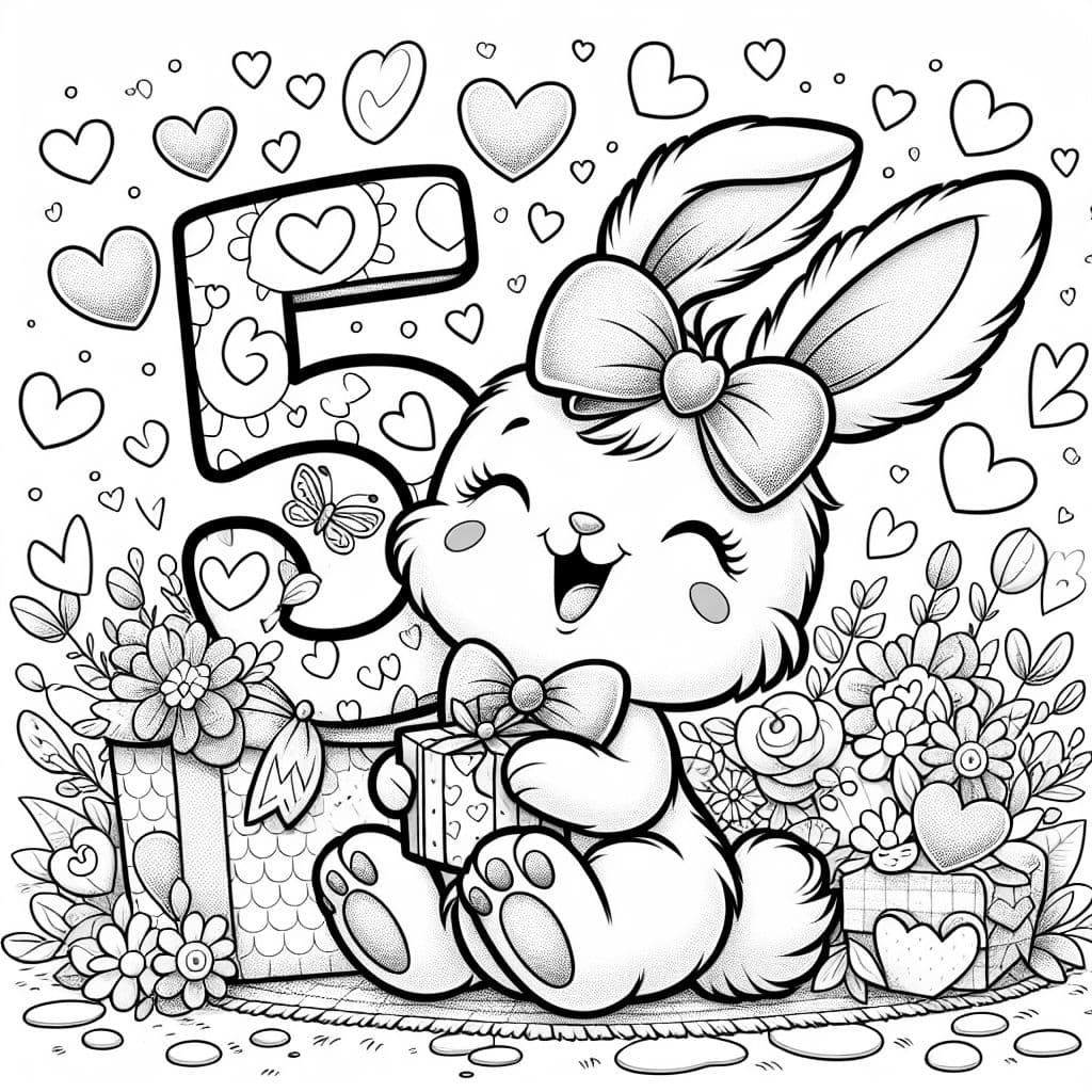 A bunny with a bow that’s holding a number 5. There are lots of hearts and flowers.