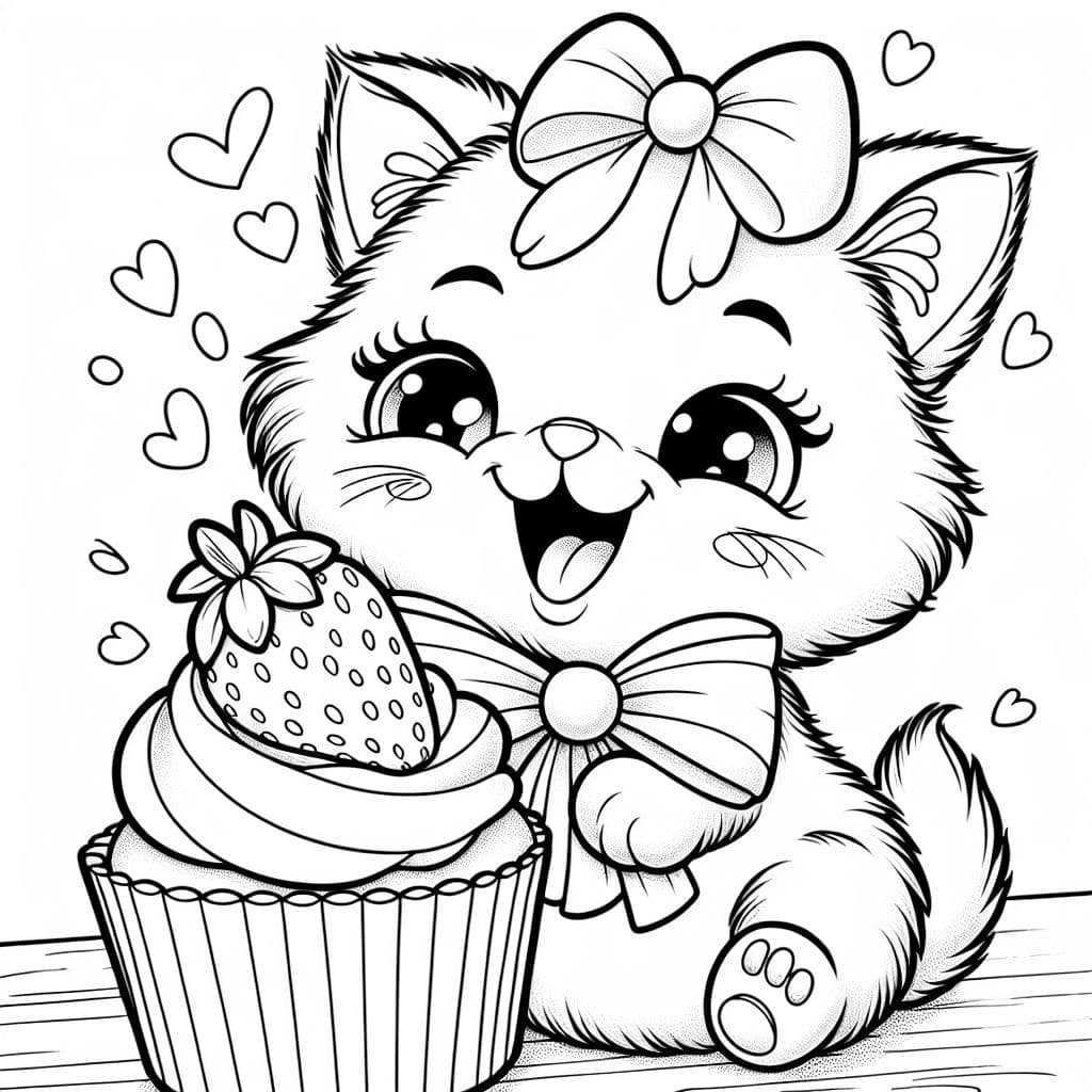 A kitten with a bow who is eating a cupcake with a strawberry on top.