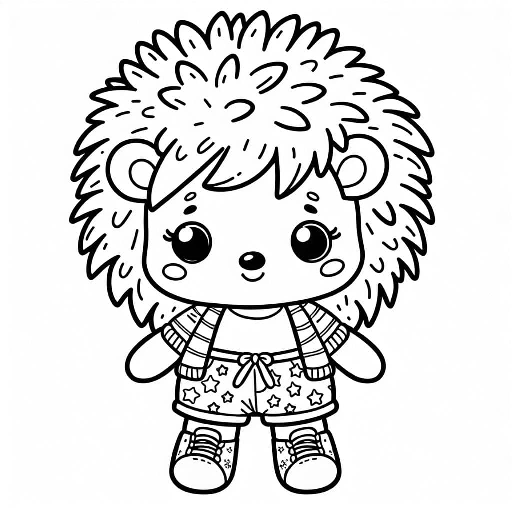 Un animal de felpa erizo, con pelo cubriendo sus orejas, usando pantalones cortos con estrellas.