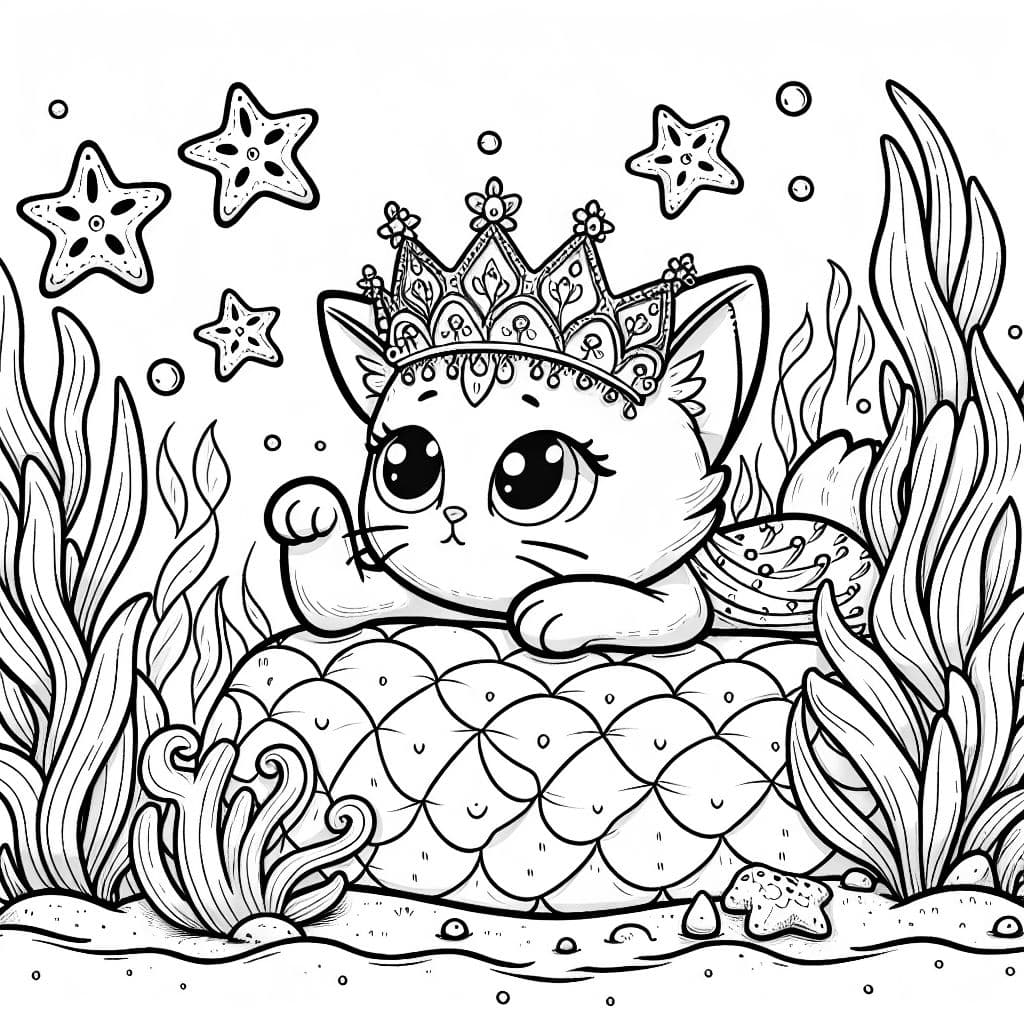 Mermaid cat with princess crown who is looking at sea stars