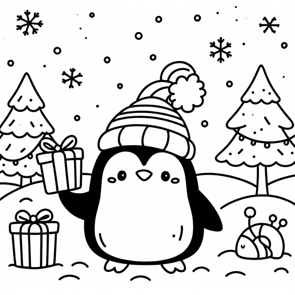A penguin with a hat and winter holding a present