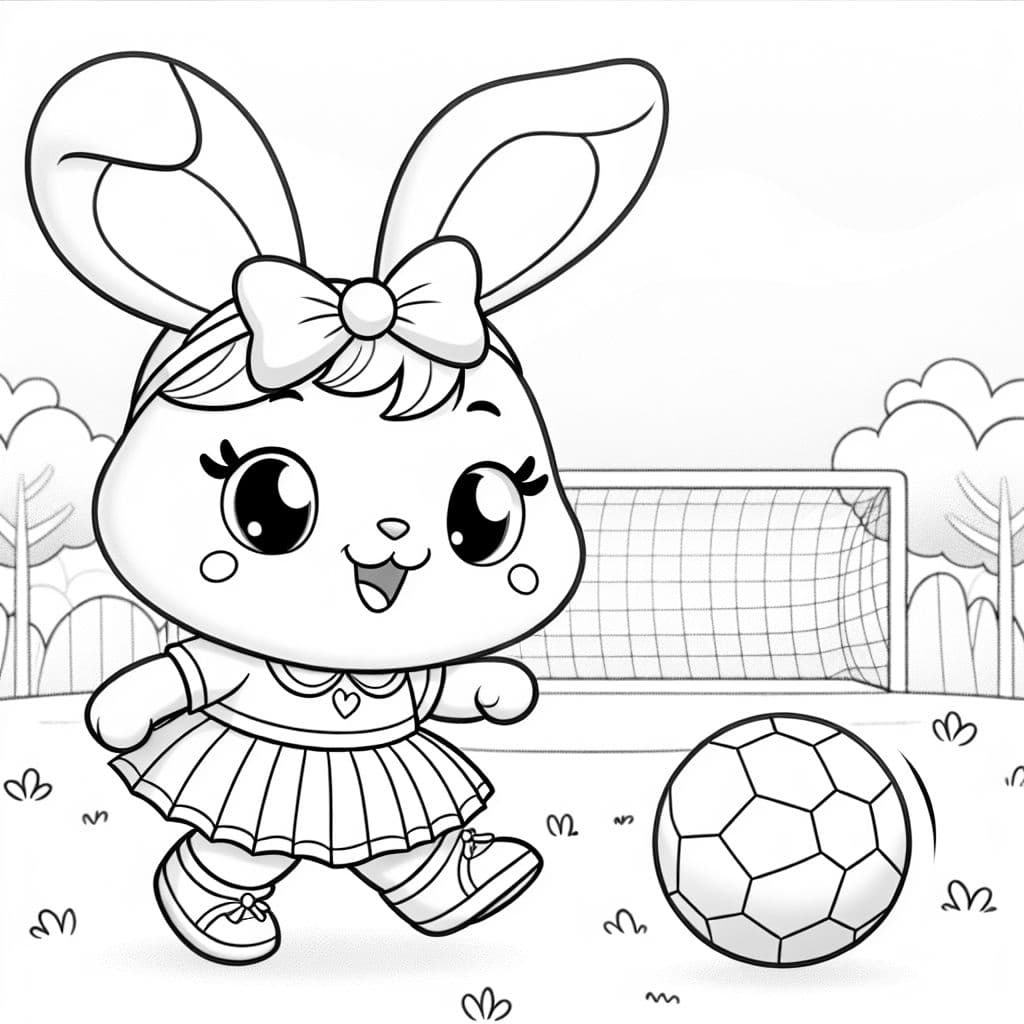A cute bunny with a bow wearing a skirt playing soccer.