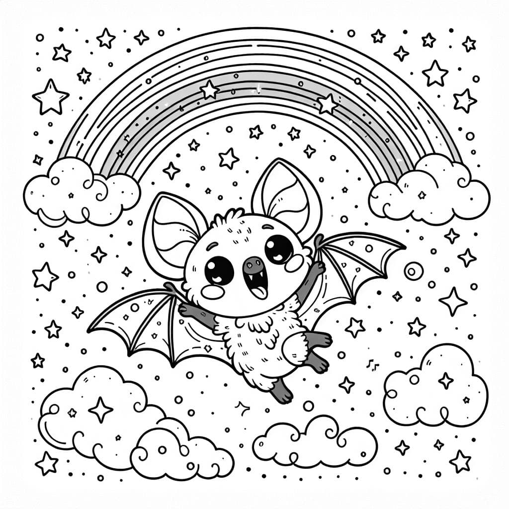 A baby bat flying at night looking at the stars and flying under a rainbow