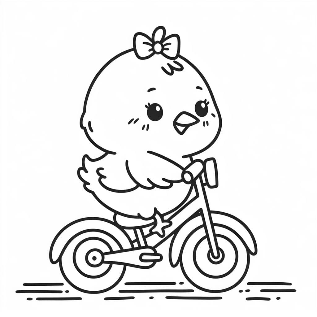 A baby chick who has a little bow in its hair. It is on a bike.