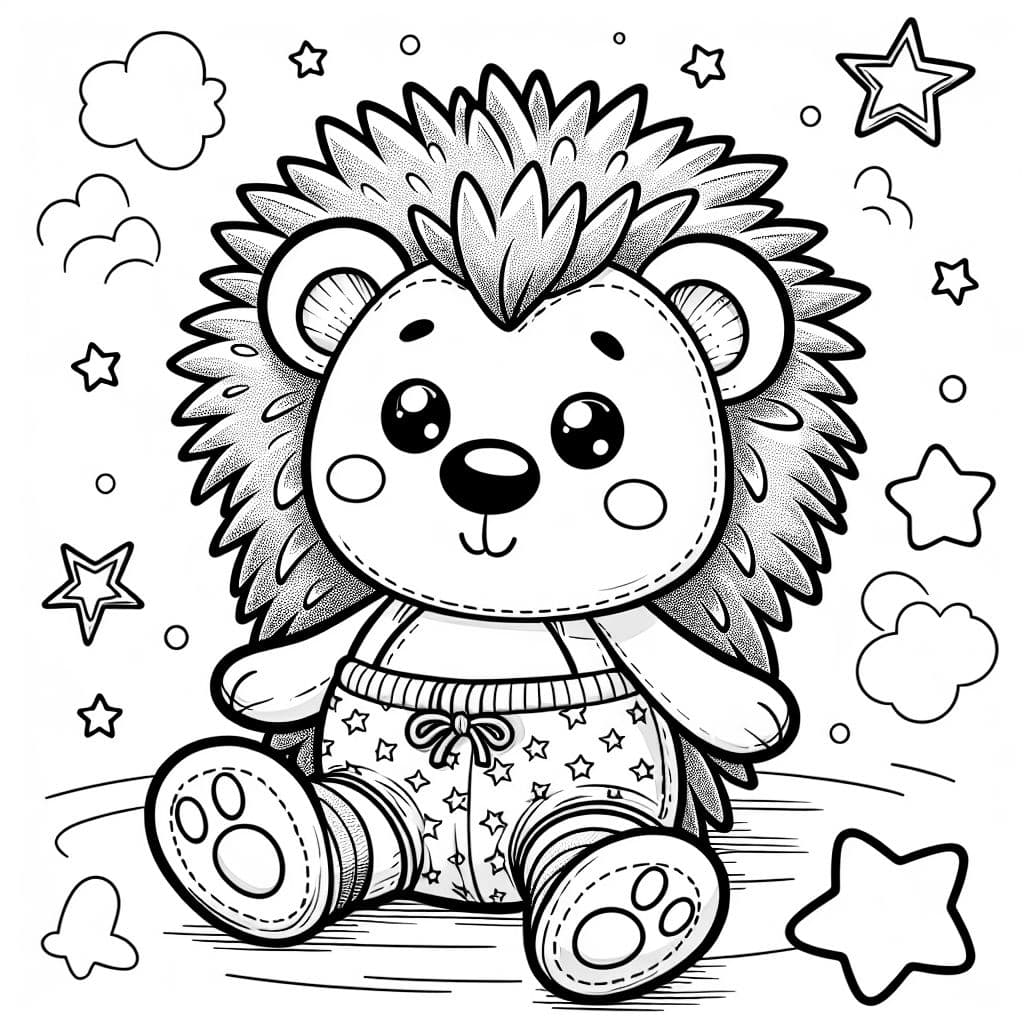 Un animal de peluche erizo que lleva pantalones cortos con estrellas. El erizo no tiene orejas.