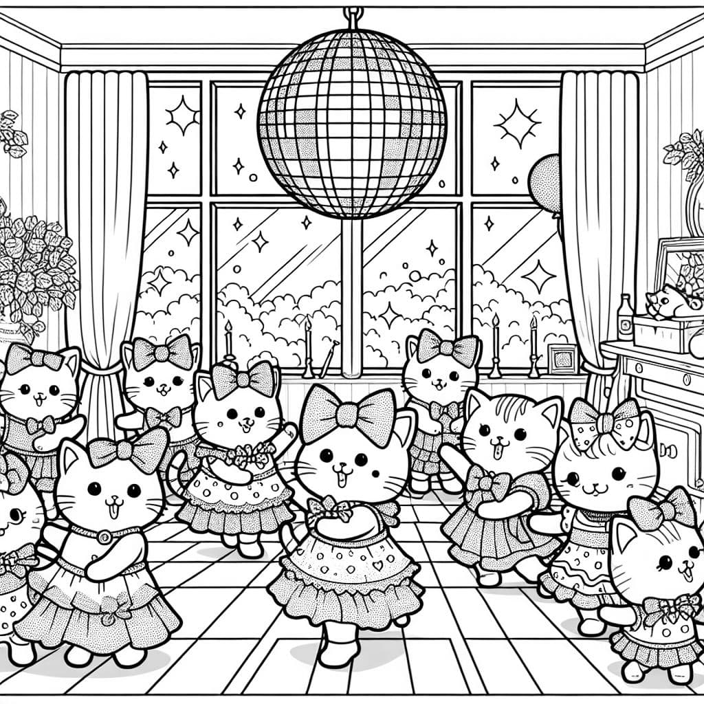 Many kittens wearing bows and party dresses dancing on a dance floor. There is a big disco ball hanging from the ceiling.