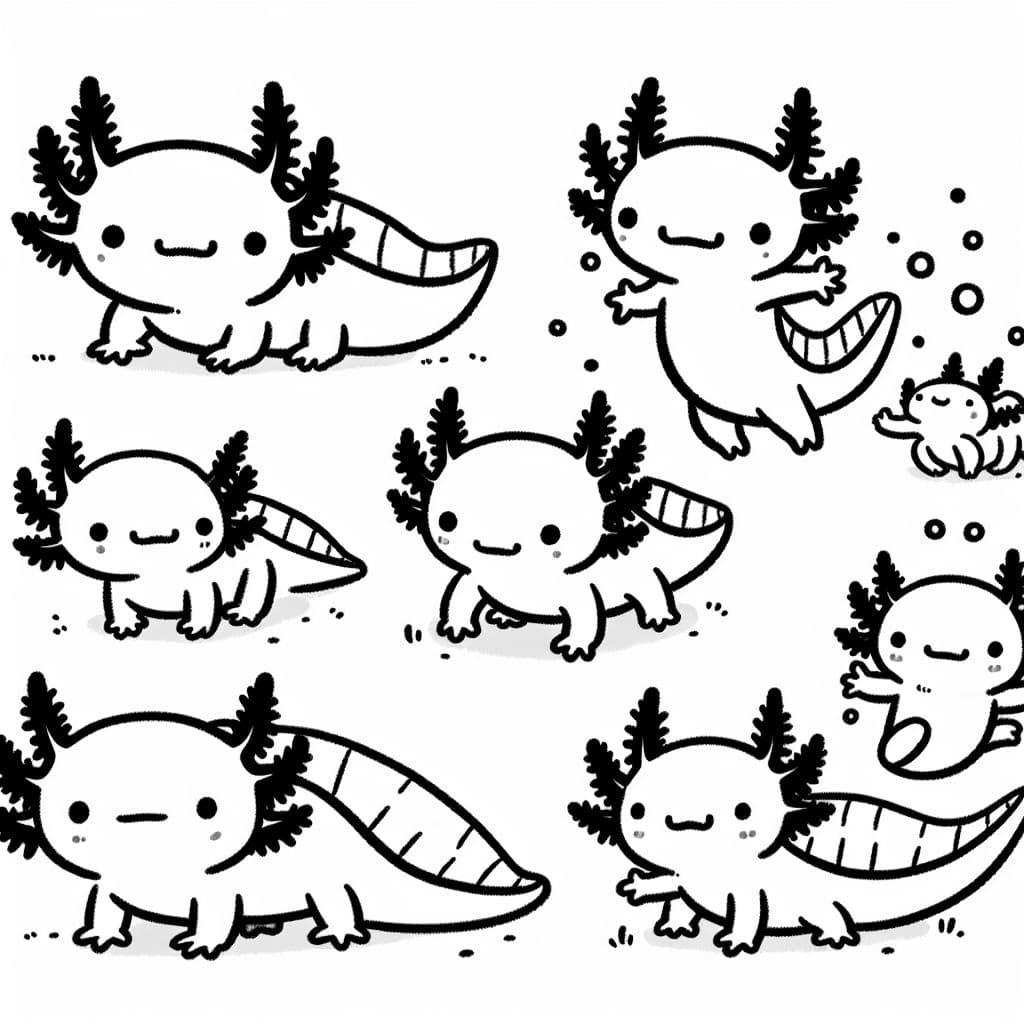 5 axolotls différents. Chacun est dans une pose différente. Aucun ne touche l'autre. Il n'y a pas de plantes. Il n'y a pas d'eau. Il n'y a pas de décor de fond. Certains axolotls font signe. Certains sont debout. Image en noir et blanc uniquement.
