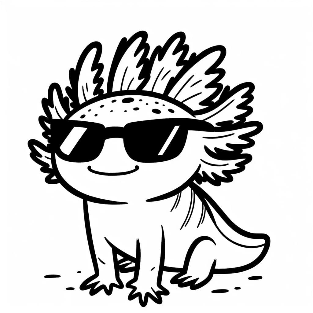 Axolotl portant des lunettes de soleil. Noir et blanc. Pas de fond.