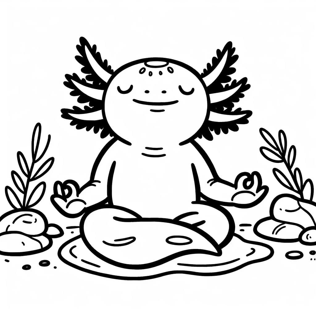 Axolotl en méditation. Noir et blanc uniquement. Très petit. Pas de fond. Pas de plantes. Pas d'eau.