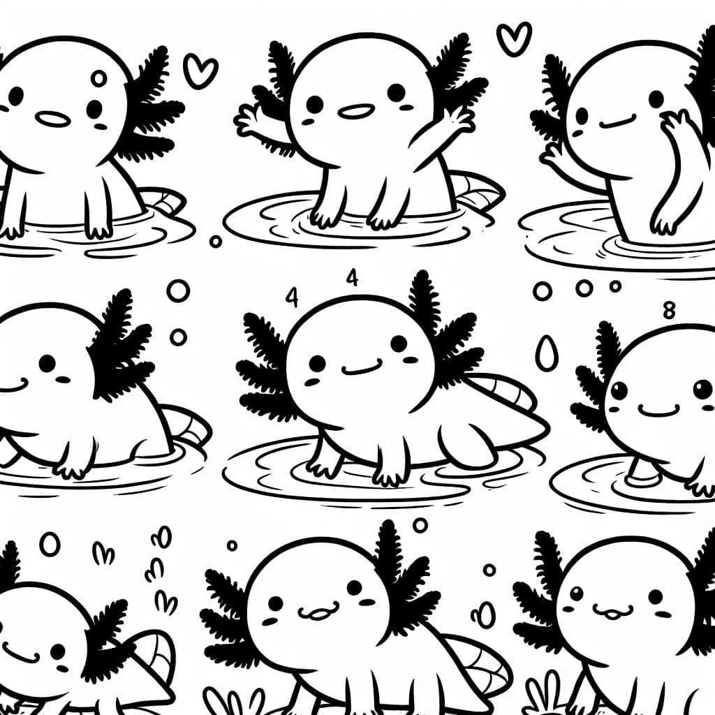 Black and white image of 10 axolotls in different poses. There is no background or scenery. No axolotl is touching another. They are in different poses. Some are waving. Some are upright.