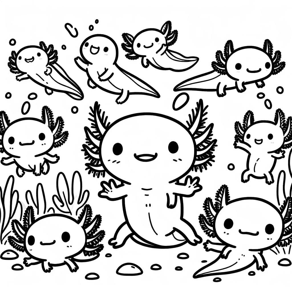 10 Axolotl. Einige winken. Einige stehen aufrecht. Es gibt keine Hintergrundszenerie oder Bilder. Keiner der Axolotls berührt einen anderen. Einige stehen aufrecht. Einige winken. Sie sind vollständig sichtbar. Keiner kommt aus dem Wasser.