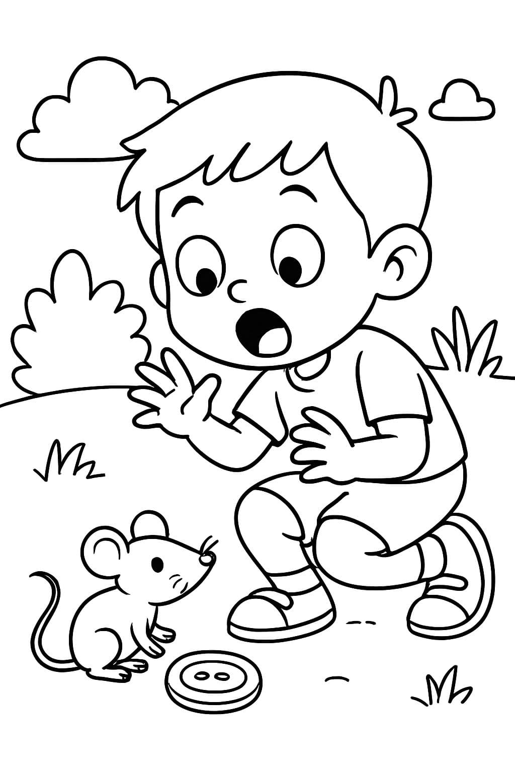 Um menino surpreso descobrindo um pequeno rato ao lado de um botão.