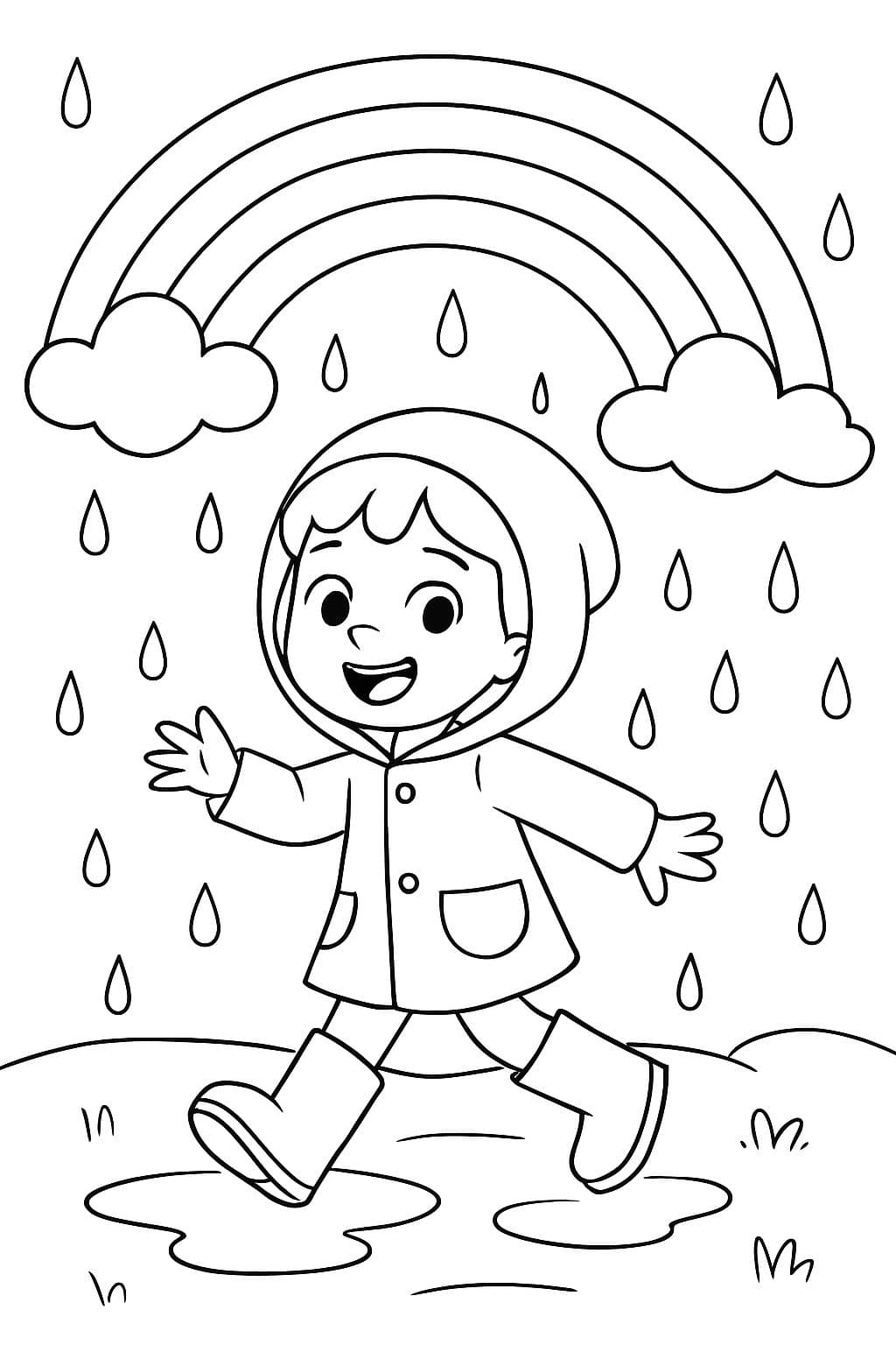 Uma menina com capa de chuva e botas de chuva caminhando sob a chuva e um arco-íris.