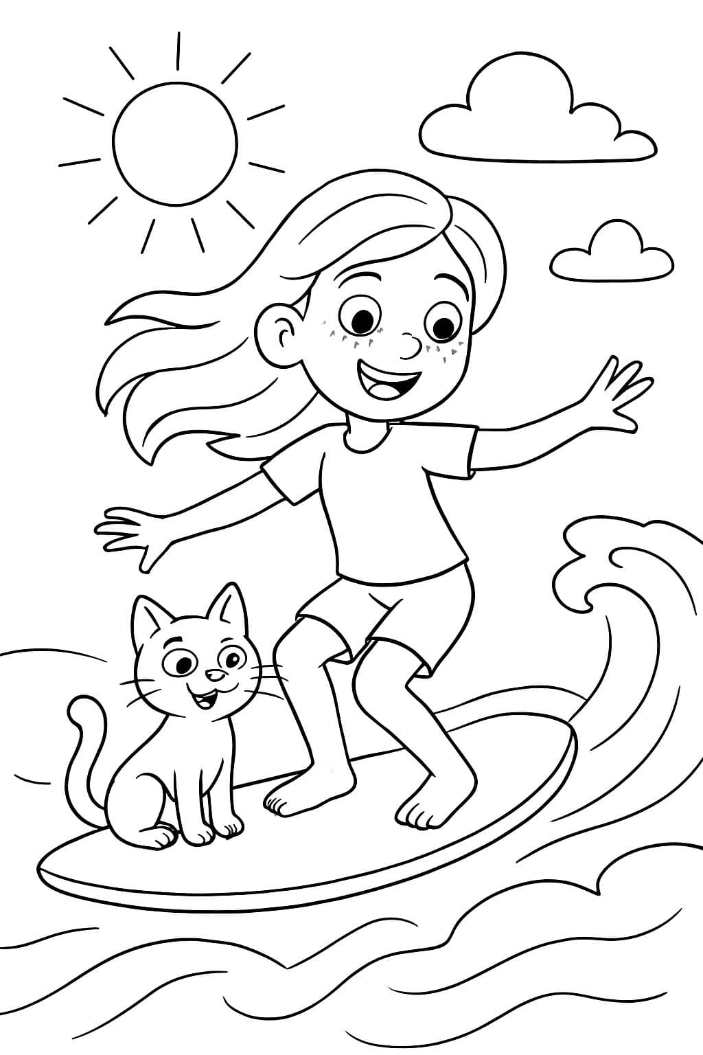 Chica adolescente surfeando al sol con un gato.