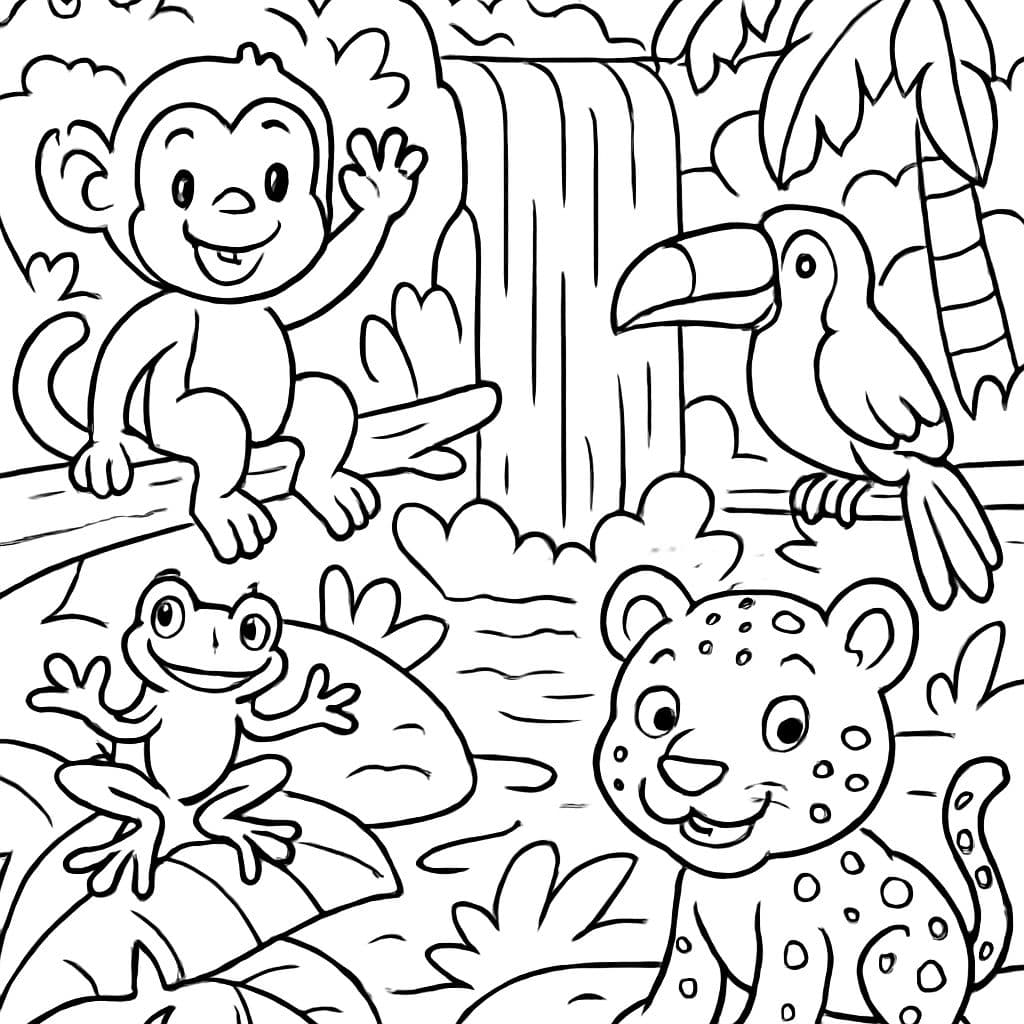 forêt tropicale avec des chutes d'eau et des animaux de la forêt tropicale