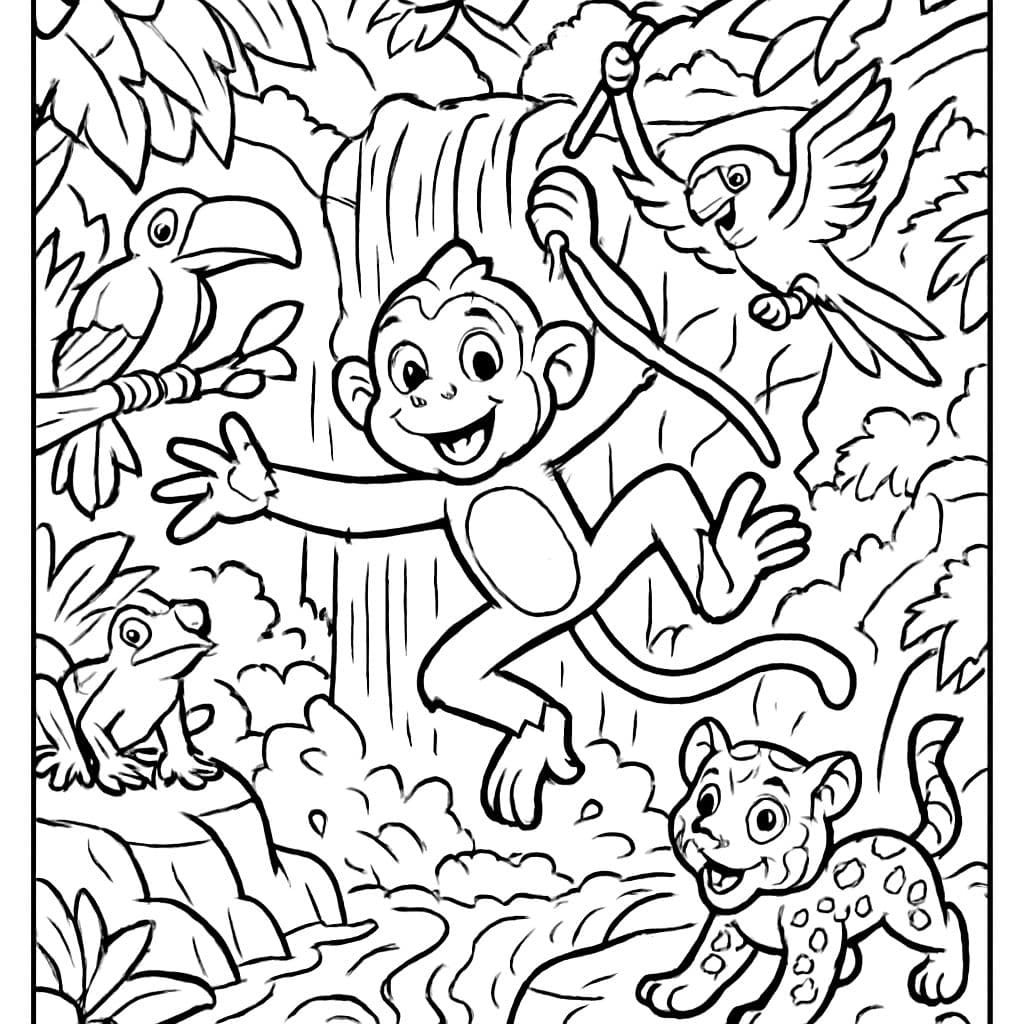 forêt tropicale avec des chutes d'eau et beaucoup d'animaux