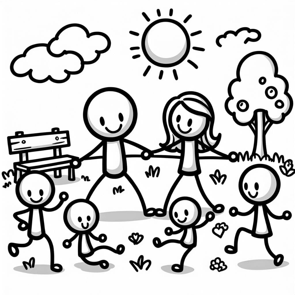 familia de muñecos de palitos con mamá y papá y 2 niños