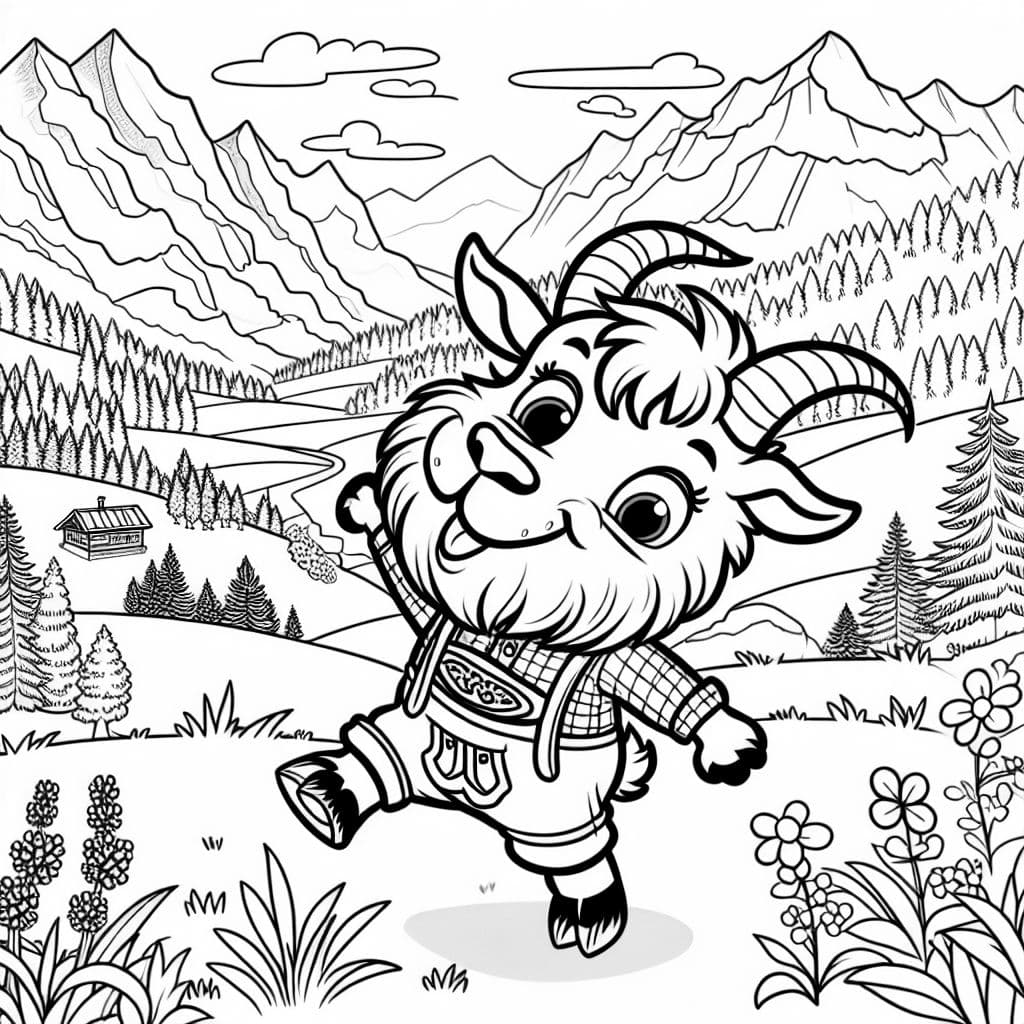 A mountain goat with a big beard and lederhosen in the swiss alps