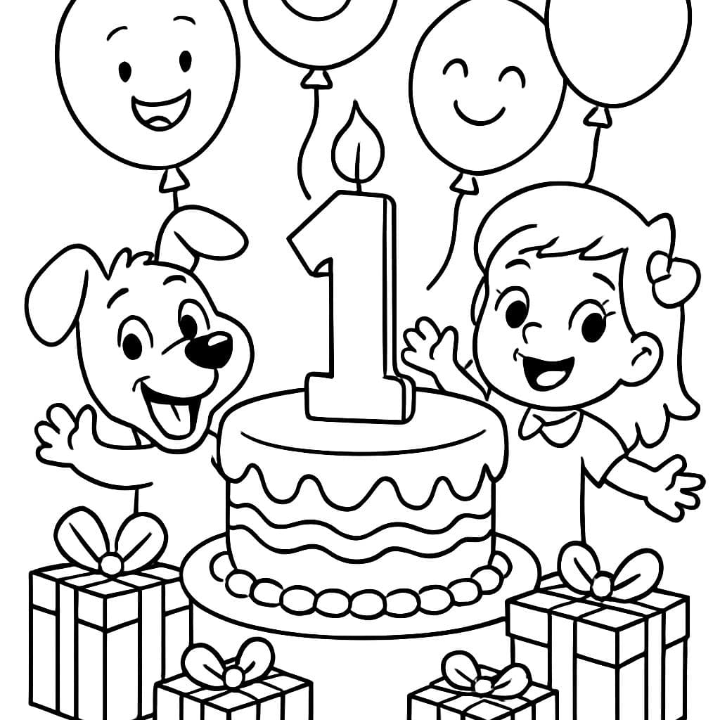 Tarta de cumpleaños con el número uno en ella, con globos de fondo y regalos.