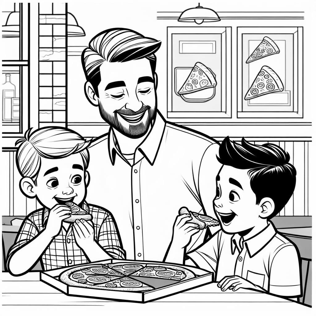 Un padre comiendo una rebanada de pizza con sus dos hijos.