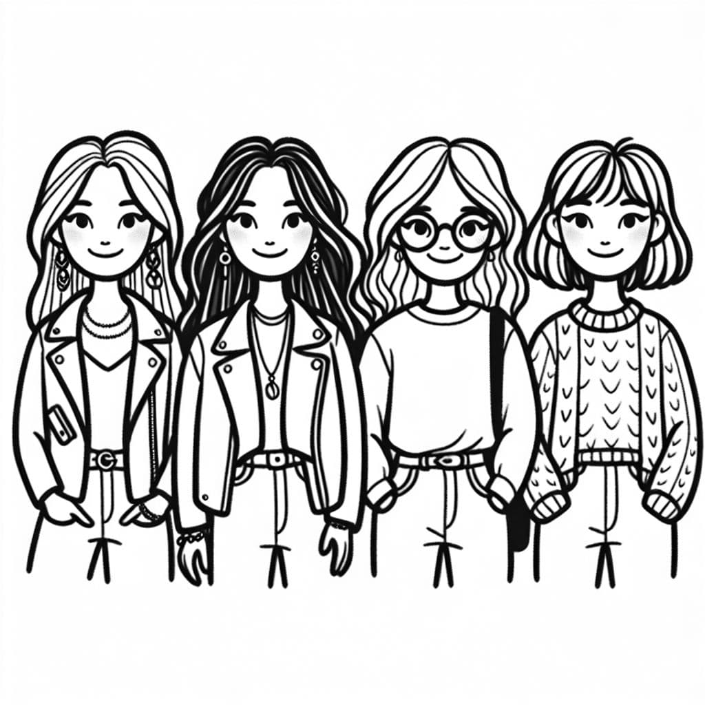 4 amigos: mujer 1 con cabello largo y liso, chaqueta de cuero y aretes, mujer 2 con cabello largo y rizado, gafas, camiseta y jeans, mujer 3 con cabello muy corto y ondulado, collar, jeans y suéter, persona 4 no binaria, andrógina, hombre-mujer, cabello muy corto y liso, suéter de lana.