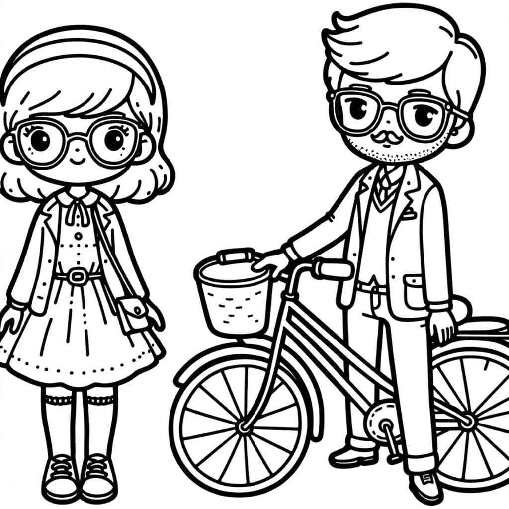 pareja: 1 mujer con gafas, 1 hombre sin gafas pequeño bigote, bicicleta