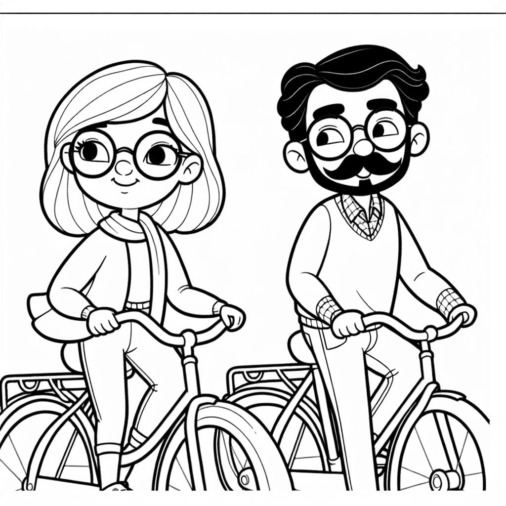 pareja, 1 mujer con gafas, 1 hombre con bigote, bicicleta
