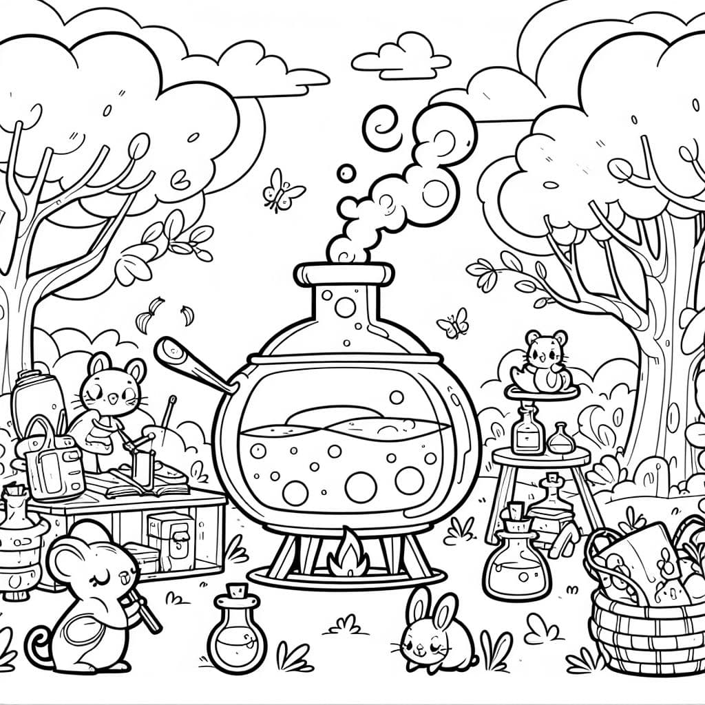 un fond blanc avec une simple potion en train de mijoter devant