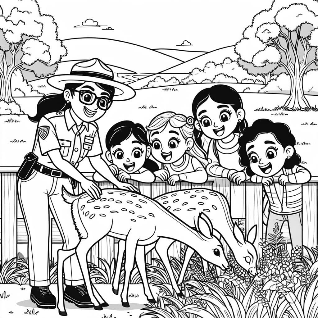 female Park ranger with happy students watching deer eating from bushes